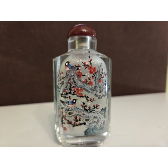 Vtg Chinese Reverse Painted Snuff Bottle Stopper Birds Flowers Cherry Blossoms - Picture 1 of 15